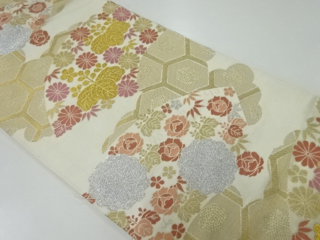 JAPANESE KIMONO / ANTIQUE FUKURO OBI / SILK / WOVEN JIGAMI & KIKU & PAULOWNIA & KIKKO